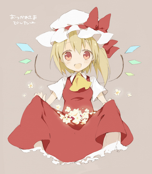 blonde_hair, flandre_scarlet, flower, hat, red_eyes, rin_(artist), rin_(royal), solo