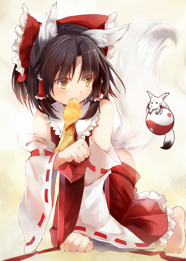 1girl, aburaage, animal, animal_ears, animalization, bottomless, bow, brown_hair