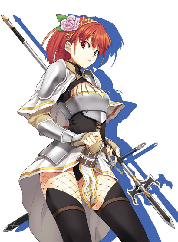 armor, cecily_cambell, cecily_campbell, fingerless_gloves, fishnets, flower, gloves, hair_flower, hair_ornament, hairband, knight, polearm, red_eyes, red_hair, redhead, runa, seiken_no_blacksmith, short_hair, solo, spear, sword, thigh-highs, thighhighs, weapon