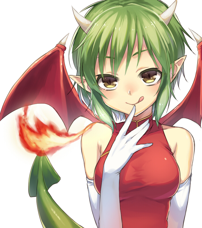 1girl, :q, draco_centauros, dragon_girl, dragon_tail, elbow_gloves, finger_to_mouth, fire