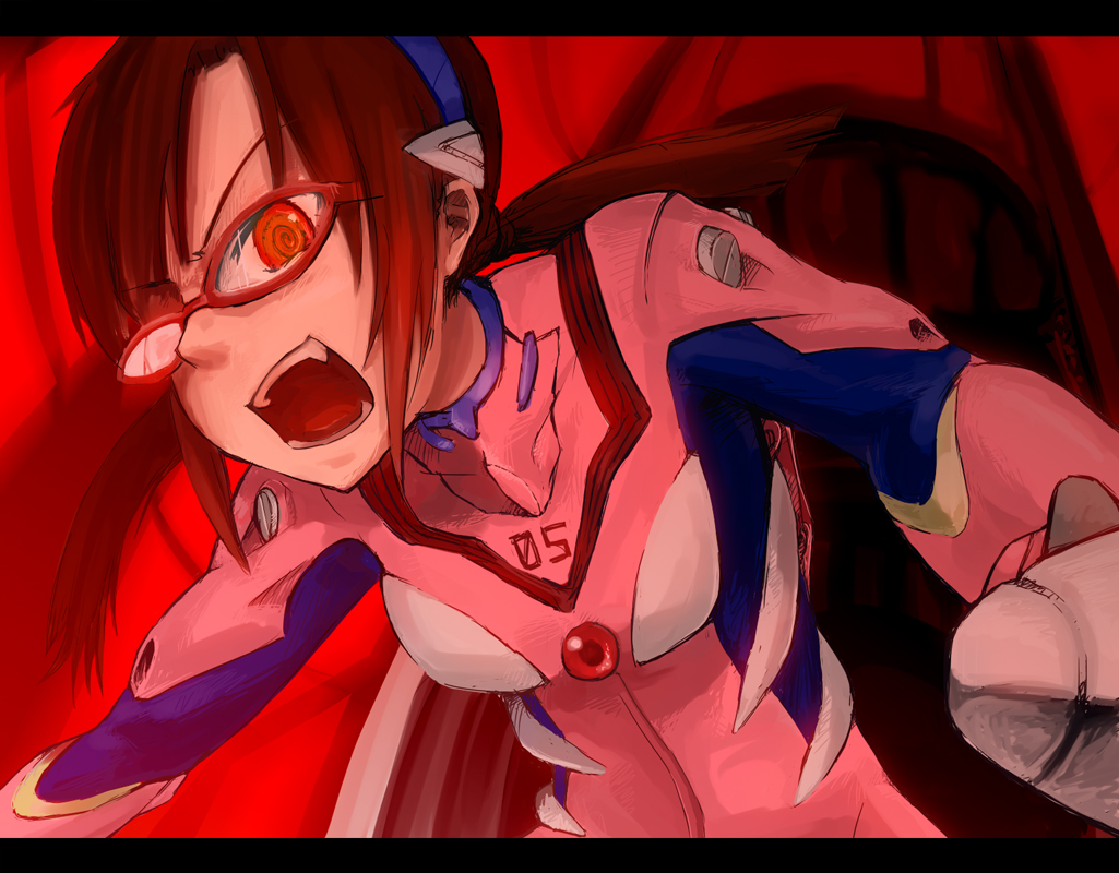 bad_id, brown_hair, crazy, fangs, glasses, hairband, makinami_mari_illustrious, monolith