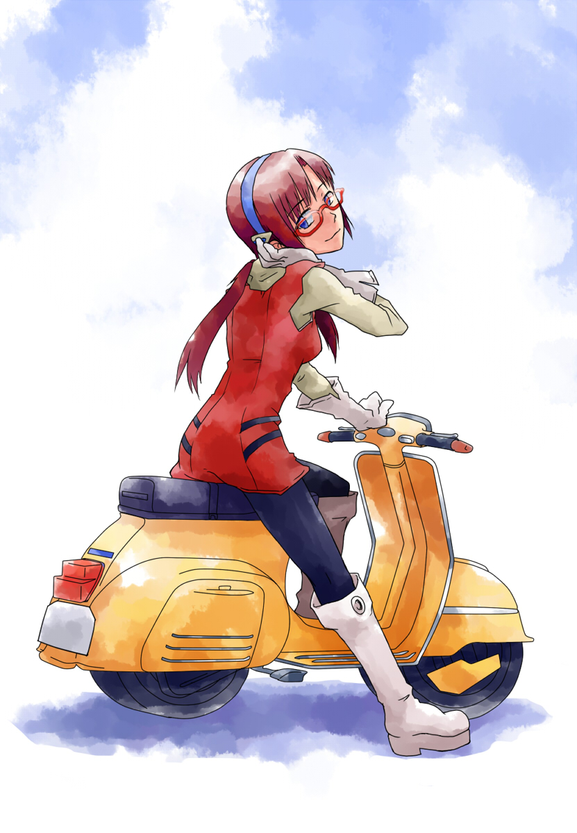 blue_eyes, brown_hair, cosplay, flcl, glasses, gloves, hairband, haruhara_haruko