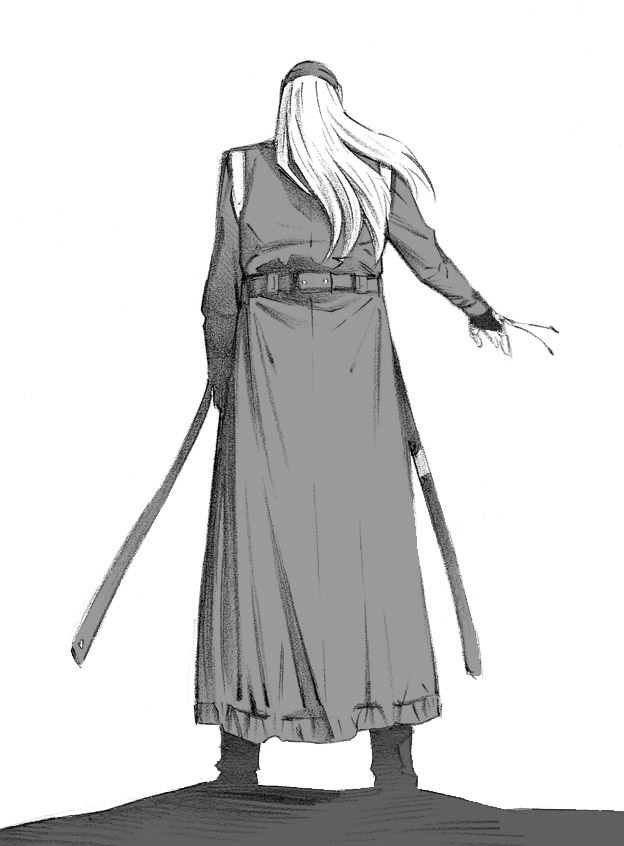 bolt_crank, eat-man, fingerless_gloves, gloves, long_hair, monochrome, sketch, solo