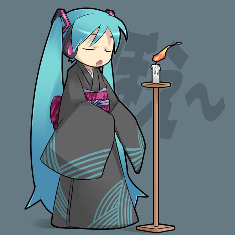 aqua_hair, candle, closed_eyes, enka, gishi, hatsune_miku, headphones, japanese_clothes