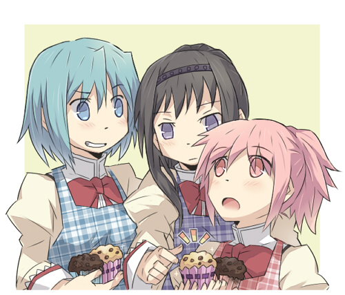 3girls, akemi_homura, apron, black_hair, blue_eyes, blue_hair, gmork, grin
