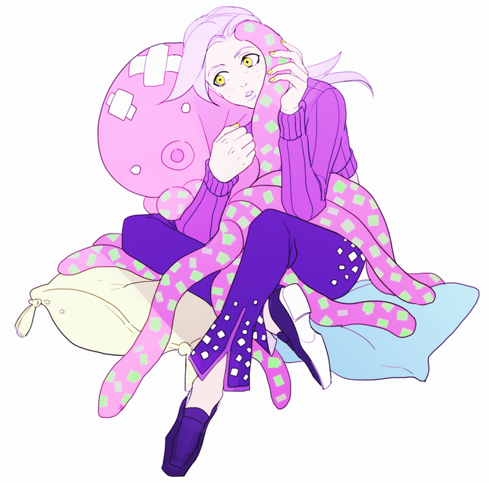 1boy, bandages, freckles, ginmu, jojo_no_kimyou_na_bouken, octopus, ponytail, purple_hair