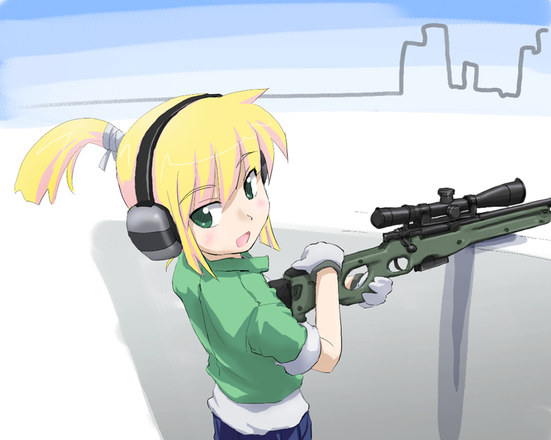 ear_protection, gloves, green_eyes, gun, iris_(material_sniper), material_sniper, ponytail, rifle, sleeves_rolled_up, sniper_rifle, solo, tanada-bon, weapon