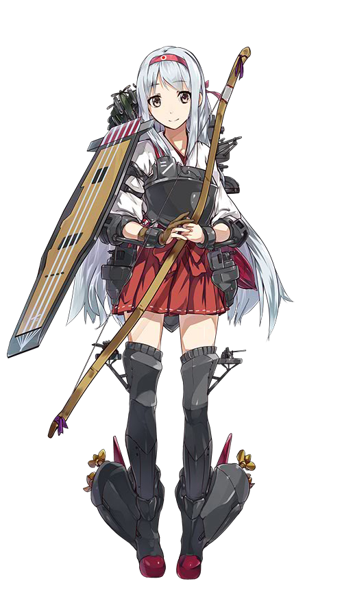 1girl, aa_gun, airplane, archery, arrow, blush, boots, bow_(weapon), brown_eyes, flight_deck, hairband, japanese_clothes, kantai_collection, konishi_(koconatu), kyuudou, long_hair, muneate, official_art, personification, ribbon, shoukaku_(kantai_collection), silver_hair, skirt, smile, solo, thigh_boots, thighhighs, turbine, weapon, yugake