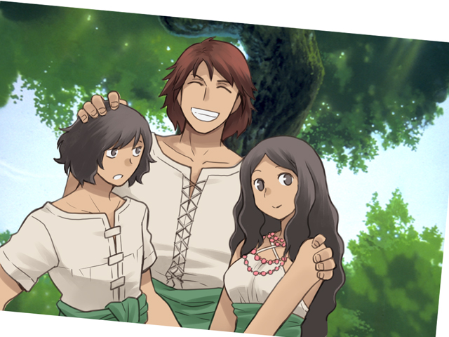 1girl, 2boys, arisen_(dragon's_dogma), arm_around_shoulder, black_hair, brown, dragon's_dogma, grin