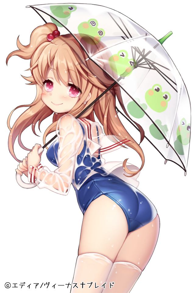 1girl, ass, blush, brown_hair, byulzzimon, frog_print, hair_bobbles, jacket