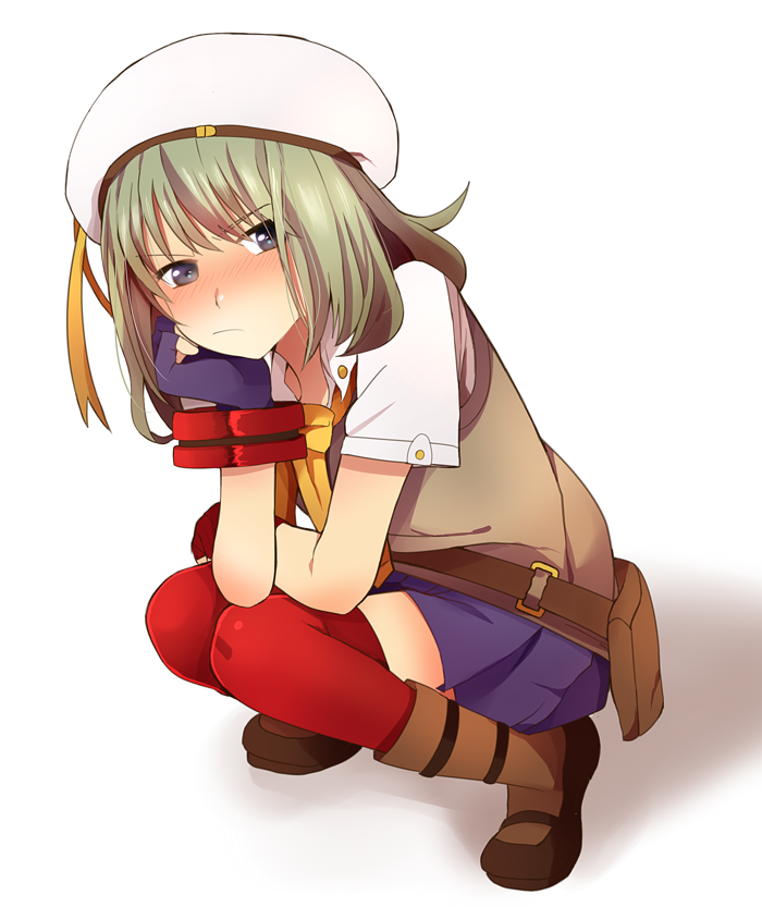 1girl, arm_support, belt, belt_pouch, blue_eyes, blue_gloves, blush, erina_der_vogelweid