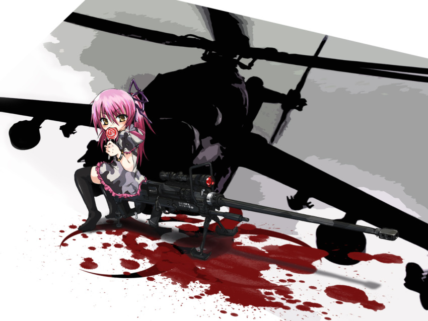 arukana, bad_id, blood, bracelet, candy, eating, gun, helicopter