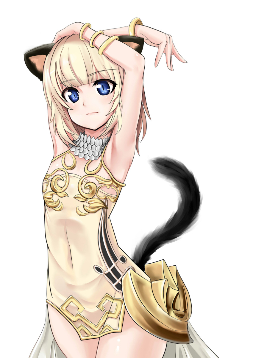 1girl, animal_ears, armpits, arms_up, blade_&amp;_soul, blonde_hair, blue_eyes, bracelet