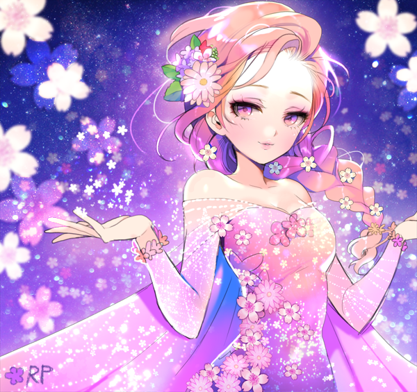 1girl, alternate_color, alternate_element, alternate_eye_color, alternate_hair_color, bare_shoulders, braid, dress