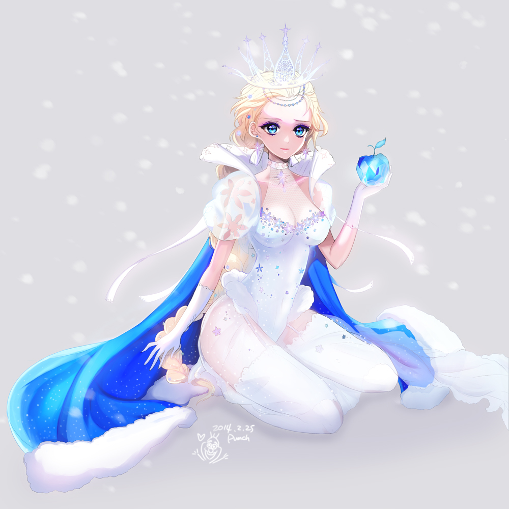 1girl, 2014, alternate_costume, alternate_hair_length, alternate_hairstyle, apple, bare_shoulders, blonde_hair, blue_eyes, cape, crown, dated, earrings, elbow_gloves, elsa_(frozen), eyeshadow, food, frozen, frozen_(disney), fruit, full_body, garter_straps, gloves, jewelry, long_hair, makeup, olaf_(frozen), punch_(bandi), see-through, signature, sitting, snow, solo, thighhighs, thighs, very_long_hair, white, white_gloves, white_legwear