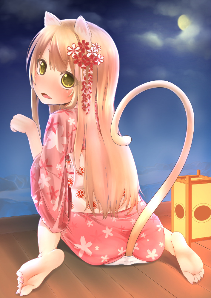 1girl, animal_ears, barefoot, blush, brown_hair, cat_ears, cat_tail, feet, hair_ornament, japanese_clothes, kimono, long_hair, looking_at_viewer, looking_back, mashimaru_(muzikluva), moon, night, onsen, original, paw_pose, sitting, sky, soles, solo, tail, toes, yellow_eyes