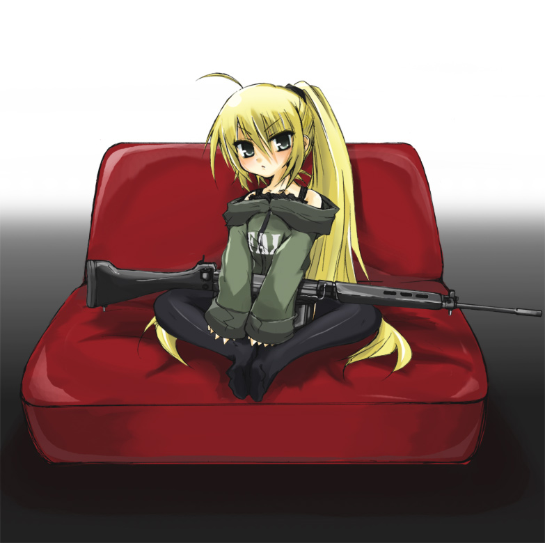 arukana, assault_rifle, bad_id, battle_rifle, blonde_hair, feet, fn_fal, grey_eyes, gun, long_hair, long_sleeves, original, ponytail, rifle, solo, very_long_hair, weapon