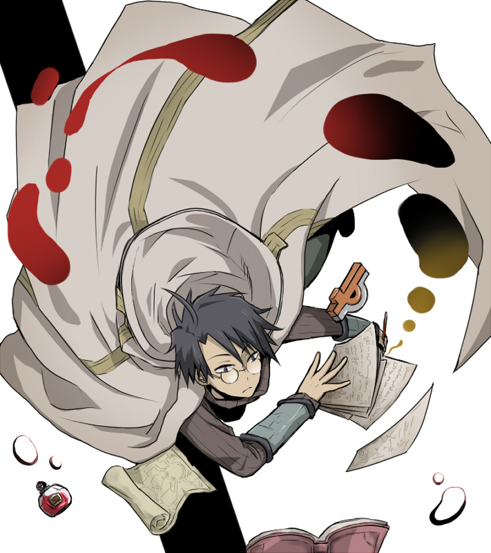 1boy, black_hair, blue_eyes, book, cloak, floating, glasses, ink