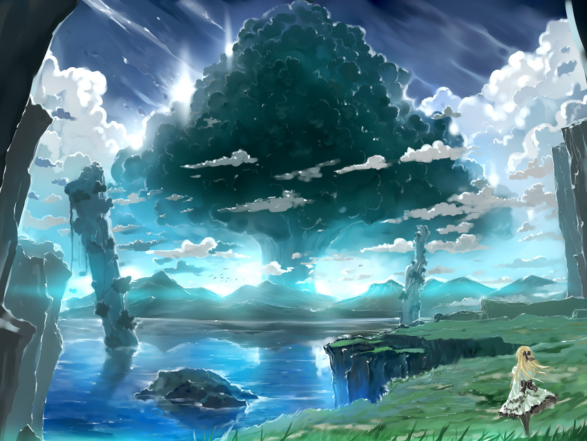 1girl, bird, blonde_hair, bob_(biyonbiyon), bow, cliff, clouds, dress