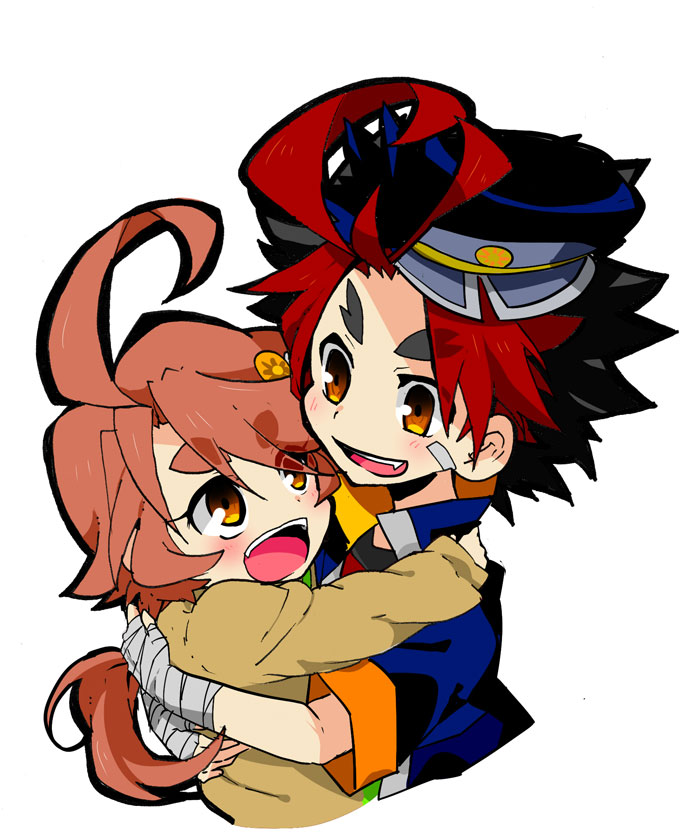 1boy, 1girl, :d, ahoge, bandages, black_hair, brother_and_sister, future_card_buddyfight, hat, hug, mikado_gaou, mikado_hanako, multicolored_hair, open_mouth, orange_hair, redhead, school_uniform, siblings, smile, thunderspark, yellow_eyes