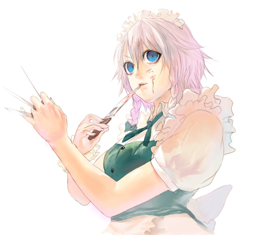 blue_eyes, braid, hairband, hands, izayoi_sakuya, knife, maid, ochirucchuru