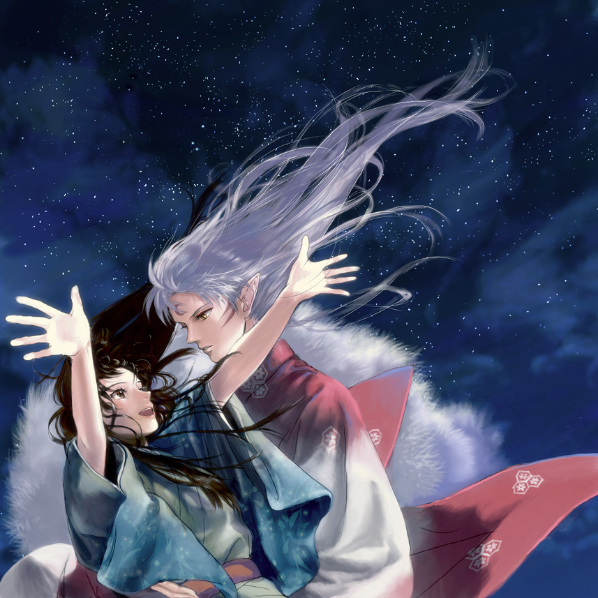 1boy, 1girl, black_hair, demon_boy, facial_mark, floating_hair, fur, holding