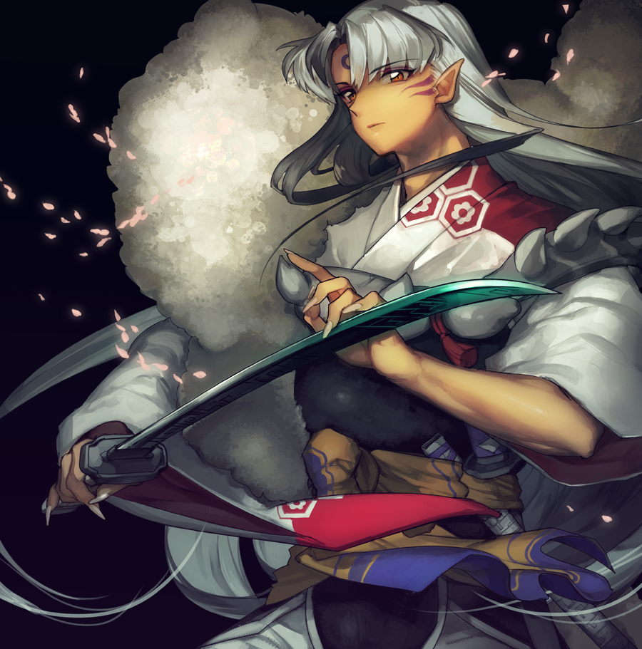 1boy, armor, claws, demon_boy, facial_mark, fur, inuyasha, katana