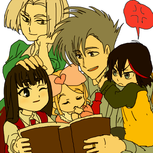 1boy, 4girls, anger_vein, book, bow, child, hair_bow, hand_on_another's_head