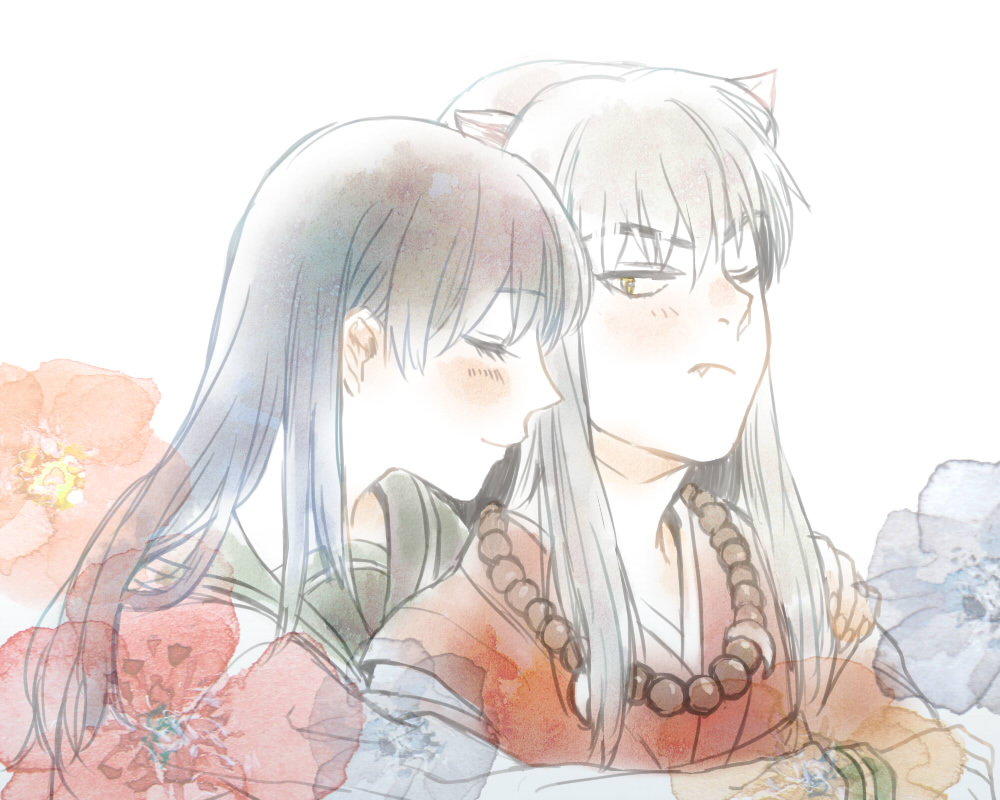 1boy, 1girl, black_hair, blush, closed_eyes, couple, fang, flower