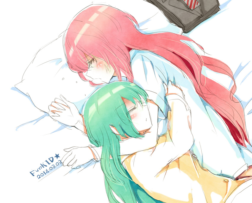2014, 2girls, artist_name, bracelet, closed_eyes, dated, funkid, green_hair