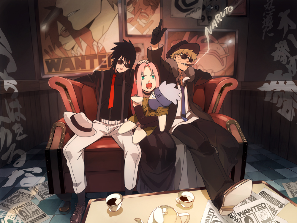 1girl, 2boys, alternate_costume, black_dress, black_hair, blonde_hair, bowler_hat, cigarette, coffee, couch, cup, dark, dress, frog, green_eyes, hand_on_head, haruno_sakura, hat, hatake_kakashi, indoors, killer_bee, long_hair, multiple_boys, naruto, necktie, oba-min, orochimaru, pink_hair, poster, short_hair, smoking, sunglasses, suspenders, table, teacup, uchiha_sasuke, uzumaki_naruto, yakushi_kabuto