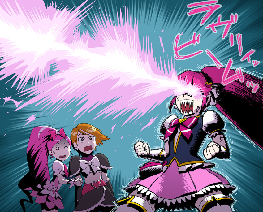 3girls, aino_megumi, anger_vein, brown_hair, cure_black, cure_blossom, cure_lovely, eye_beam, futari_wa_precure, hanasaki_tsubomi, happinesscharge_precure!, heartcatch_precure!, kumagai_haito, long_hair, midriff, misumi_nagisa, multiple_girls, o_o, pink_hair, ponytail, precure, scared, short_hair, sweatdrop, vest