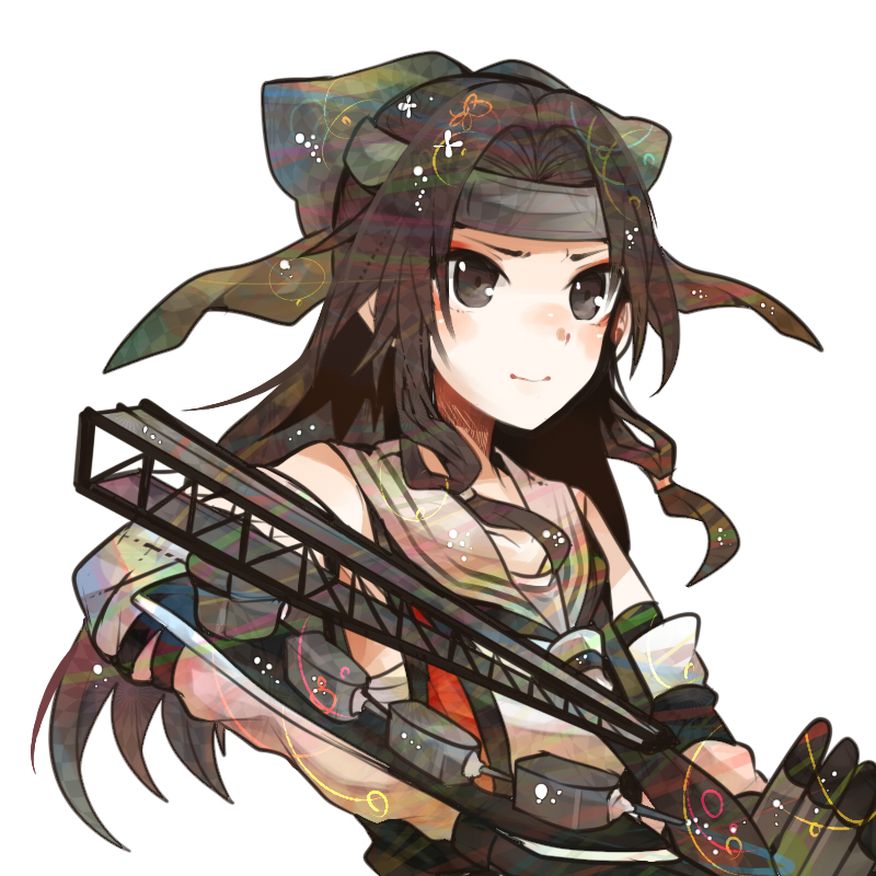 1girl, blush, brown_eyes, brown_hair, cannon, catapult, detached_sleeves, forehead_protector