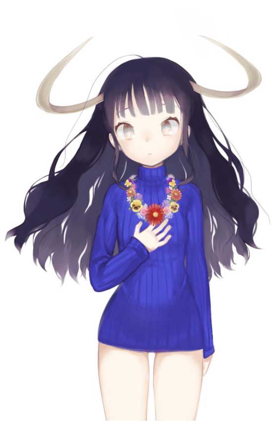 1girl, bangs, bare_legs, black_hair, blunt_bangs, daisy, flower, flower_necklace