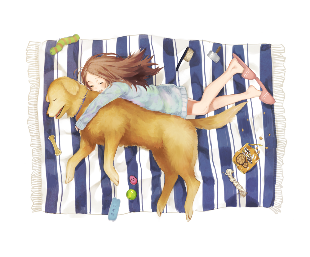 1girl, :d, animal, ball, bare_legs, brown_hair, brush, closed_eyes, dog, dog_biscuit, hug, hug_from_behind, labrador_retriever, long_hair, lying, mimizubare, mouth, no_pants, on_side, open_mouth, original, rug, sleeping, slippers, smile, snack, solo, striped, sweater, toy