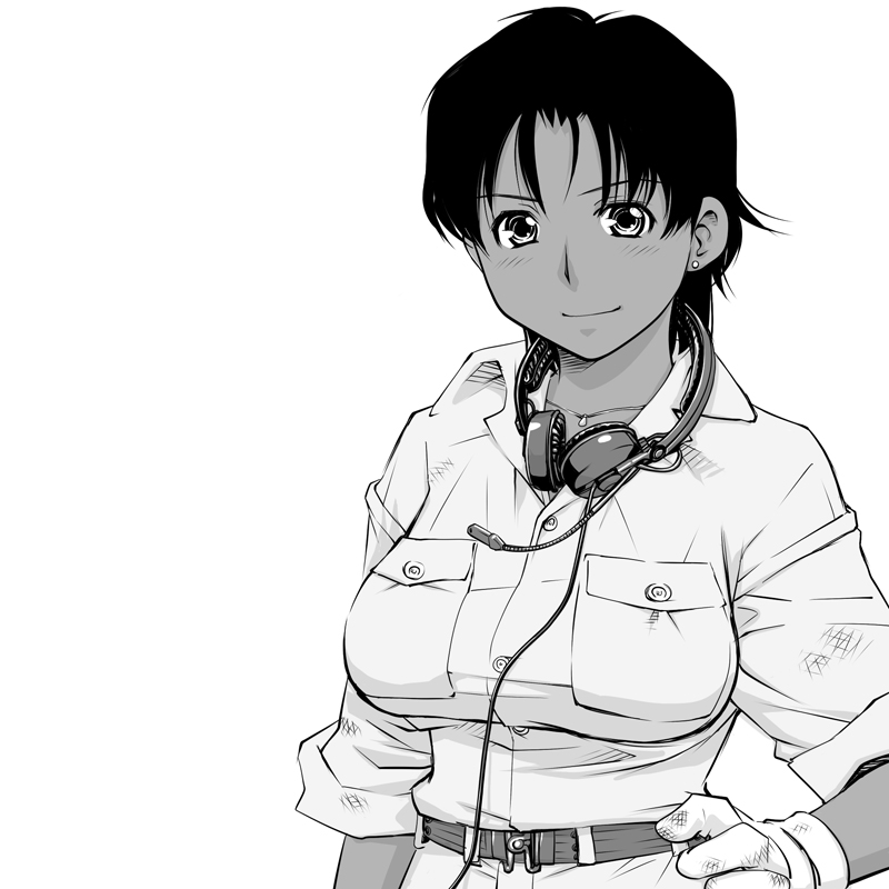 breasts, cleavage, gloves, gundam, headset, marbet_fingerhat, matsui_celine, monochrome