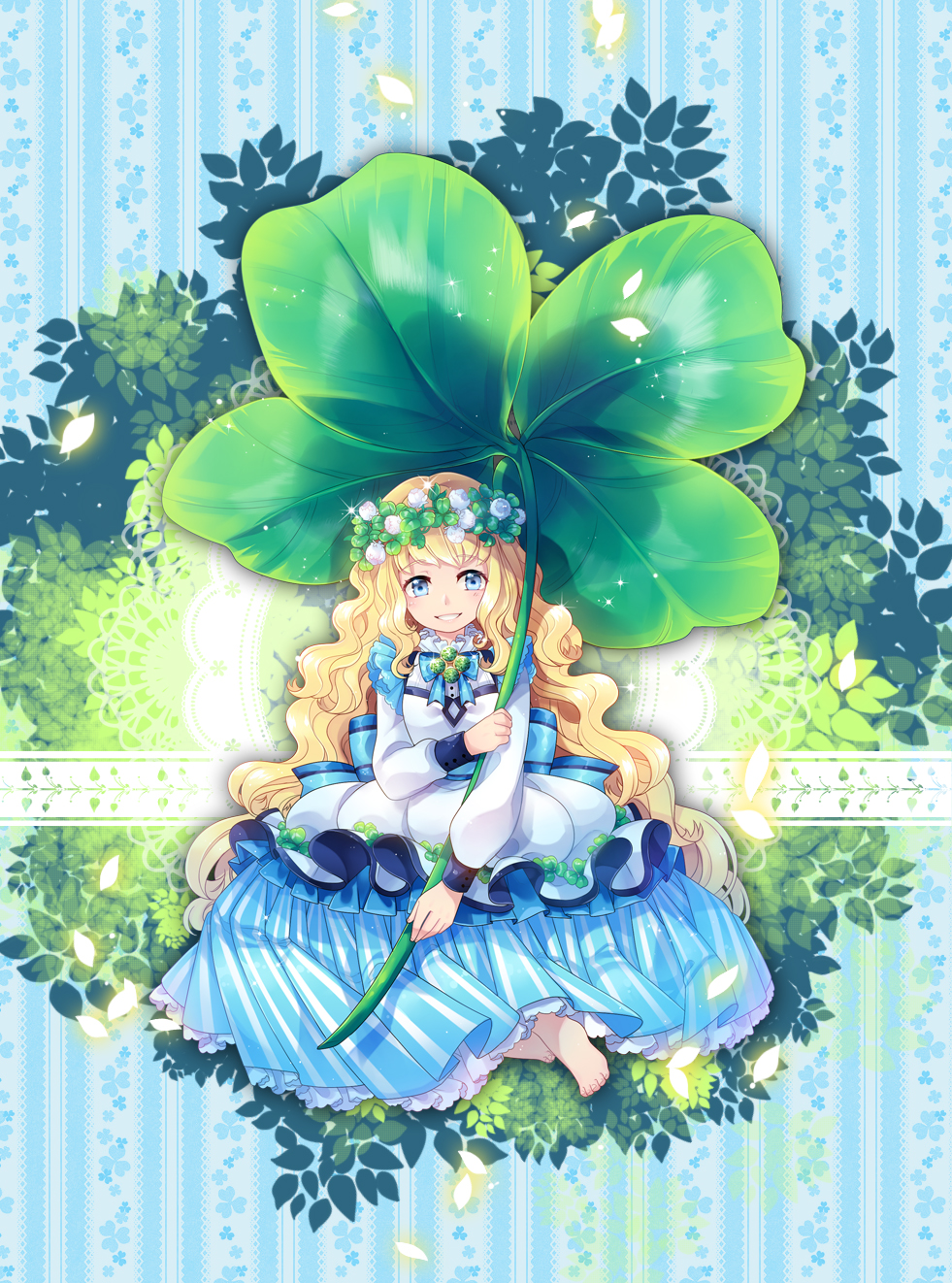 1girl, barefoot, blonde_hair, blue_eyes, clover, dress, head_wreath, highres