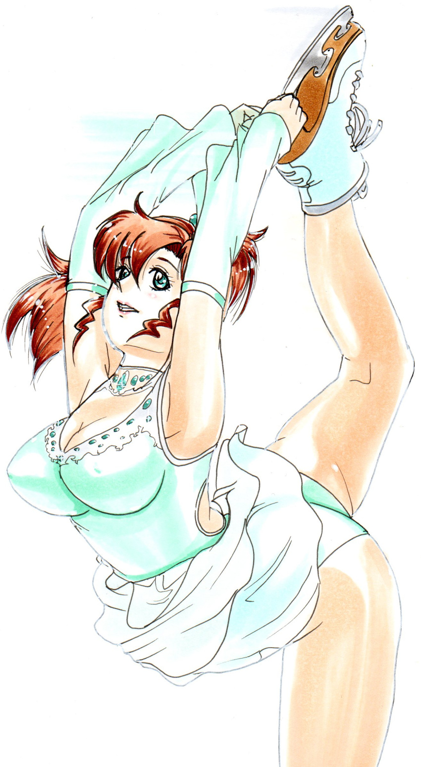 1girl, ass, bishoujo_senshi_sailor_moon, breasts, brown_hair, figure_skating, green_eyes, hayami_jin, highres, ice_skates, kino_makoto, legs, leotard, pantyhose, ponytail, sheer_legwear, simple_background, skates