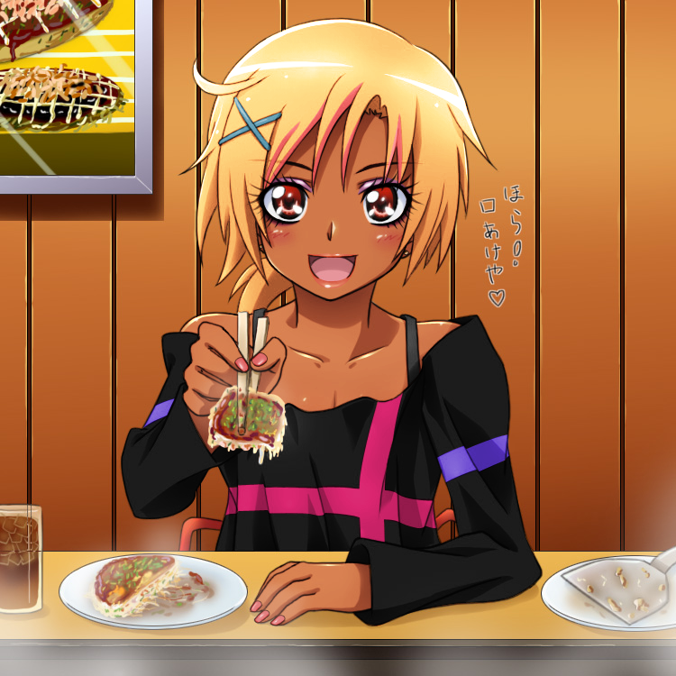 1girl, arm_rest, bare_shoulders, black_shirt, bleached_hair, blonde_hair, blush, chopsticks, collarbone, dark_skin, derivative_work, eating, eyelashes, fingernails, ganguro, giving, glass, hair_ornament, hairclip, happy, hino_akane, indoors, lipstick, long_sleeves, looking_at_viewer, makeup, mameshiba, nail_polish, okonomiyaki, open_mouth, photo_(object), photoshop, plate, ponytail, precure, red_eyes, shirt, short_hair, sitting, smile, smile_precure!, solo, spatula, translated