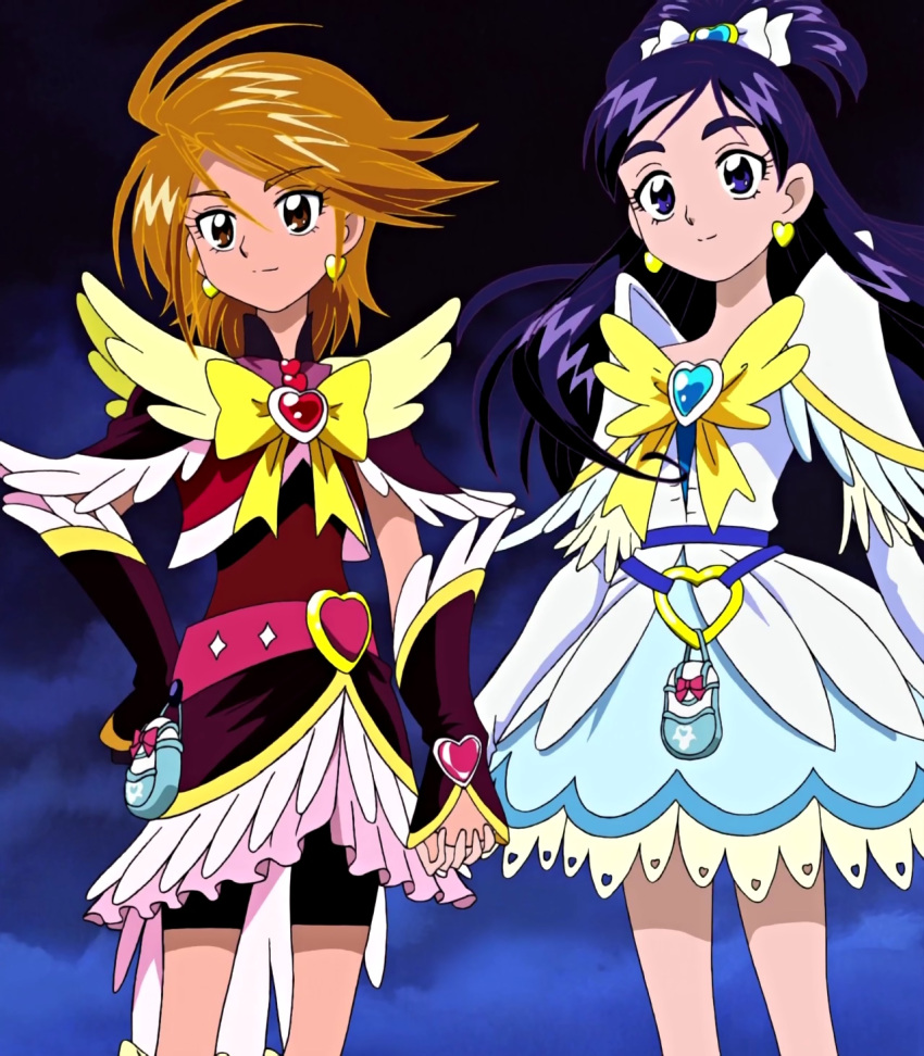 2girls, ahoge, arm_warmers, belt, bike_shorts, blue_eyes, blue_hair, boots, brown_eyes, brown_hair, cure_black, cure_white, detached_sleeves, dress, earrings, eyelashes, fingerless_gloves, futari_wa_precure, futari_wa_precure_max_heart, gloves, hair_ornament, hair_ribbon, half_updo, happy, heart, heart_hair_ornament, highres, holding_hands, jewelry, knee_boots, kneehighs, long_hair, looking_at_viewer, magical_girl, misumi_nagisa, multiple_girls, official_art, phoenix_form_(futari_wa_precure), precure, ribbon, screencap, shirt, short_hair, shorts, shorts_under_skirt, skirt, smile, spiky_hair, standing, white_dress, yukishiro_honoka