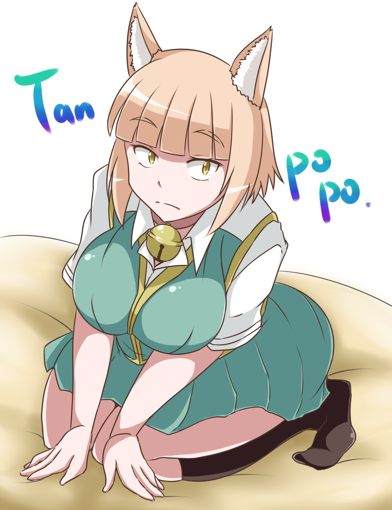1girl, animal_ears, bell, black_legwear, blonde_hair, blush, breasts, cat_ears