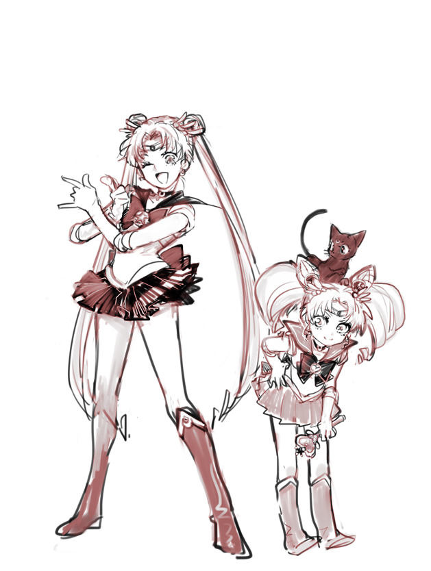 2girls, animal_on_head, bishoujo_senshi_sailor_moon, boots, bow, brooch, cat, cat_on_head, chibi_usa, choker, double_bun, elbow_gloves, gloves, hair_ornament, hairpin, hand_on_hip, jewelry, knee_boots, kubota_heaven, long_hair, luna_(sailor_moon), magical_girl, multiple_girls, pink_moon_stick, ribbon, sailor_chibi_moon, sailor_moon, sailor_senshi, short_hair, skirt, tsuki_ni_kawatte_oshioki_yo, tsukino_usagi, twintails, white_background