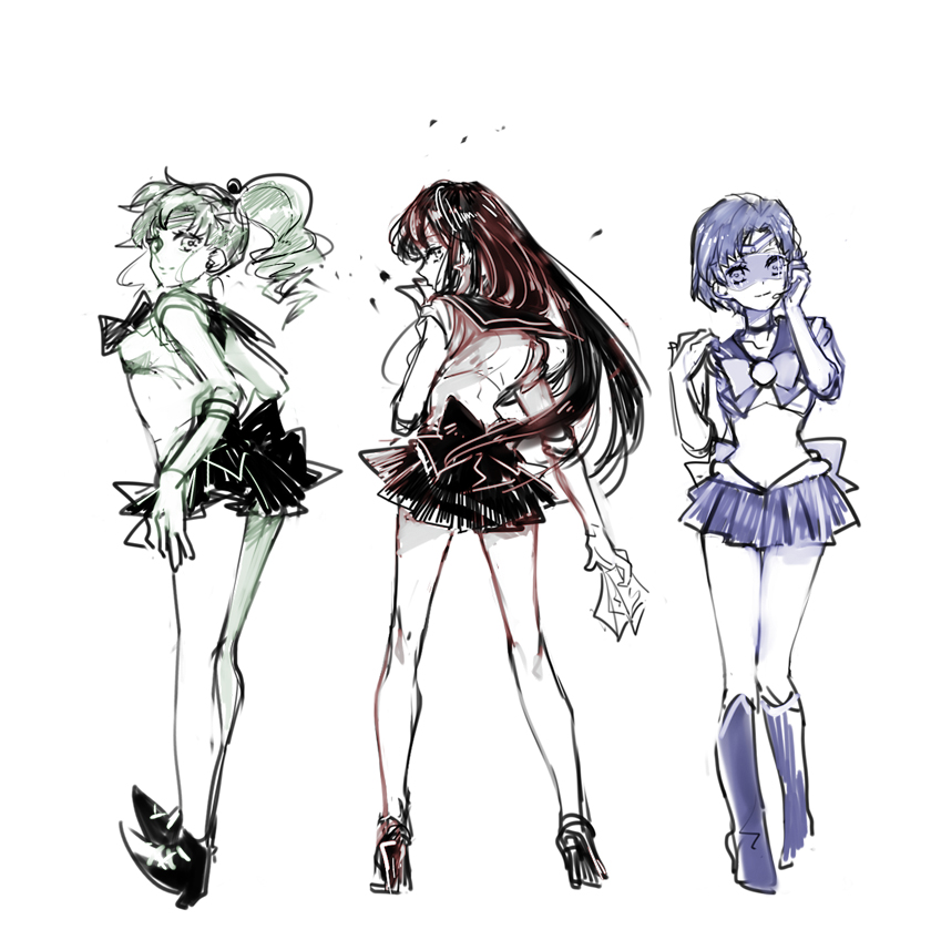 3girls, bishoujo_senshi_sailor_moon, boots, bow, hair_bobbles, hair_ornament, hino_rei, inner_senshi