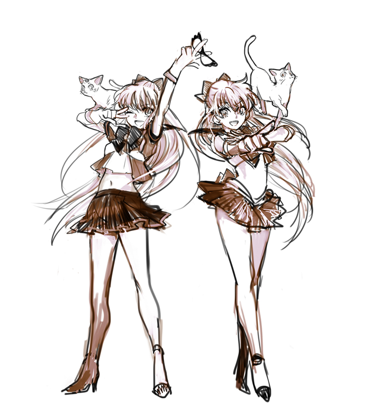 2girls, aino_minako, arm_up, artemis_(sailor_moon), bishoujo_senshi_sailor_moon, bow, cat, dual_persona