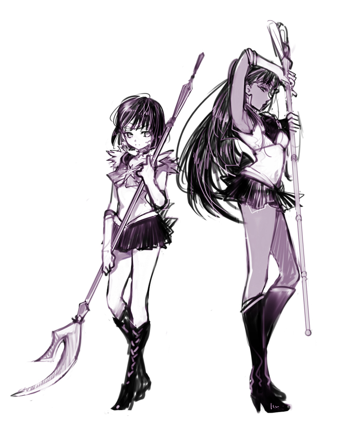 2girls, bishoujo_senshi_sailor_moon, boots, bow, choker, elbow_gloves, gloves, knee_boots