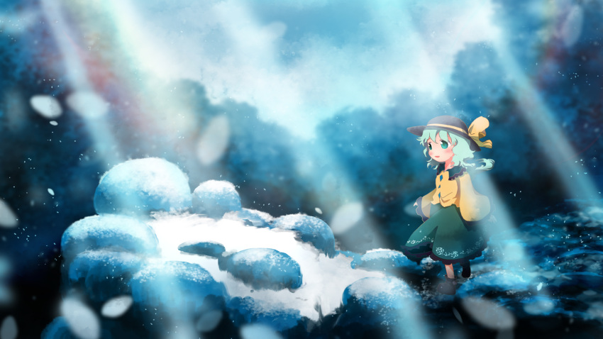 1girl, ankle_boots, aqua_hair, blouse, blurry, blush, boots, clouds, cloudy_sky, depth_of_field, facing_away, green_eyes, hat, hat_ribbon, highres, kana_tako, komeiji_koishi, long_sleeves, outdoors, parted_lips, path, ribbon, road, rock, short_hair, skirt, sky, snow, snowing, solo, touhou, walking