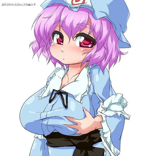 1girl, breast_grab, breasts, hat, japanese_clothes, large_breasts, pink_hair, red_eyes