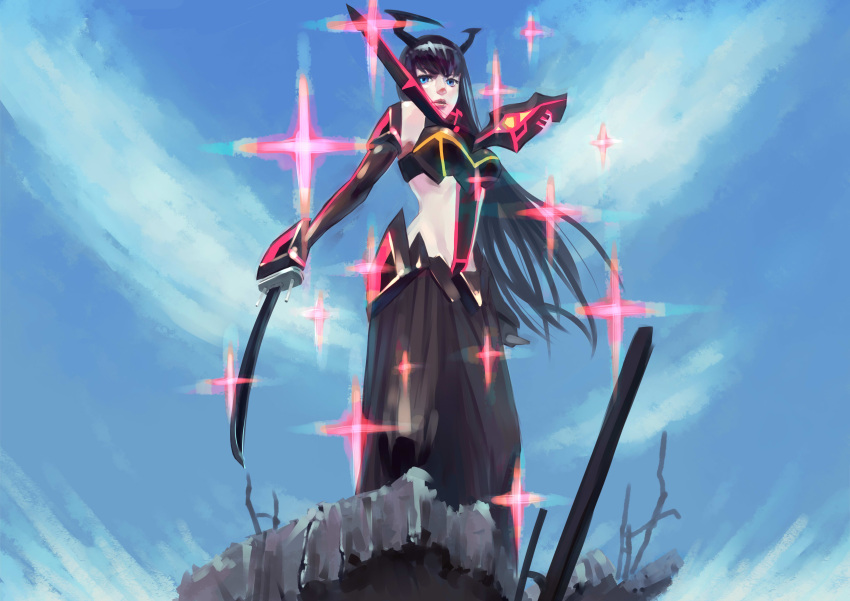 1girl, absurdres, alternate_form, armor, black_hair, blue_eyes, gloves, hakama