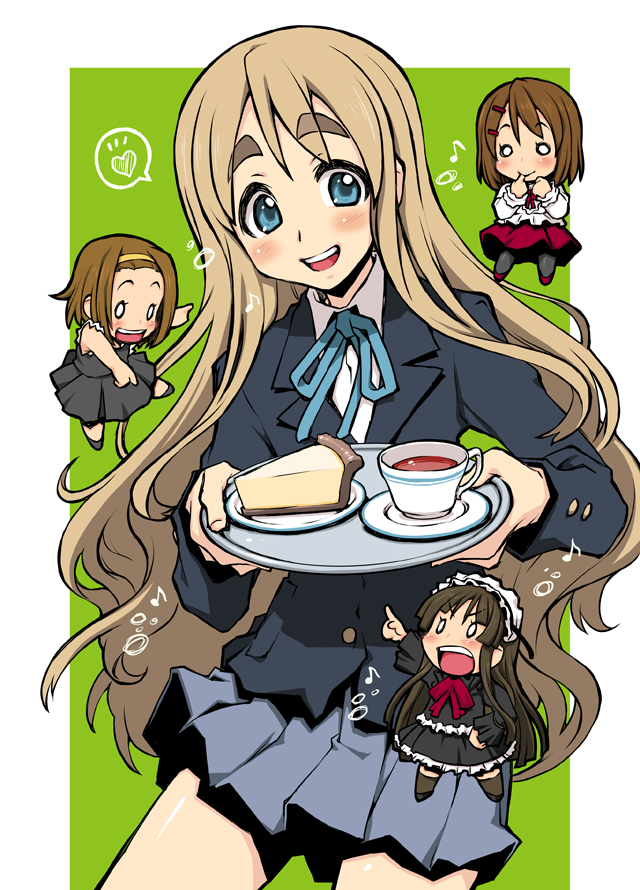 4girls, akiyama_mio, blue_eyes, blush, brown_hair, chibi, cup, eyebrows, finger_to_mouth, hair_ornament, hairband, hairclip, hand_on_hip, headdress, heart, hirasawa_yui, k-on!, kotobuki_tsumugi, long_hair, multiple_girls, musical_note, o_o, open_mouth, plate, pointing, school_uniform, short_hair, smile, spoken_heart, tainaka_ritsu, tamoritadadi, teacup, thick_eyebrows, tray