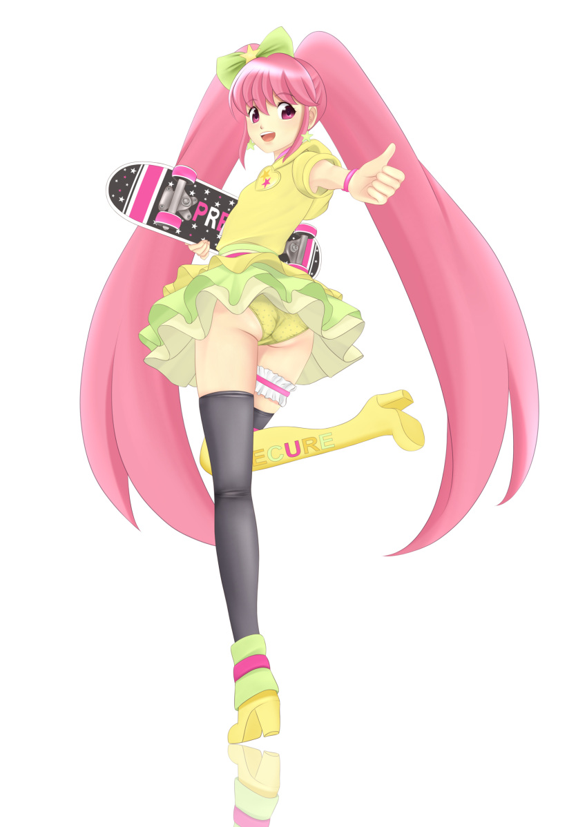 1girl, aino_megumi, alternate_form, asymmetrical_legwear, bow, cure_lovely, green_panties, green_skirt